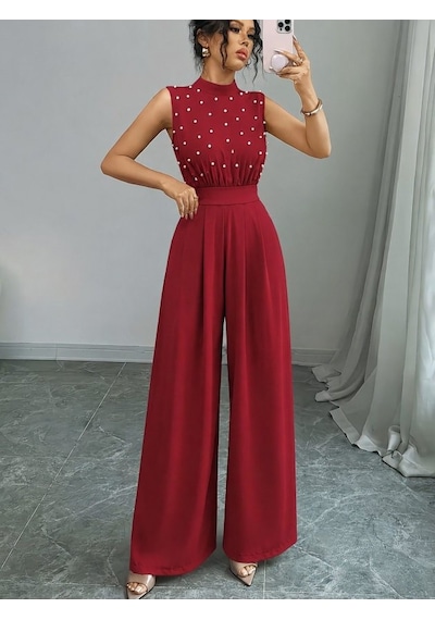 Dogutrend Kadın Balıkçı Yaka Kolsuz Incili Beli Kuşaklı Uzun Janjan Tulum Kırmızı