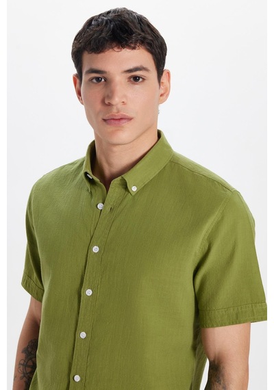 Tudors Erkek Slim Fit Dar Kesim Kısa Kollu %100 Pamuk Keten Doku Haki Düğmeli Yaka Gömlek-32811 Haki