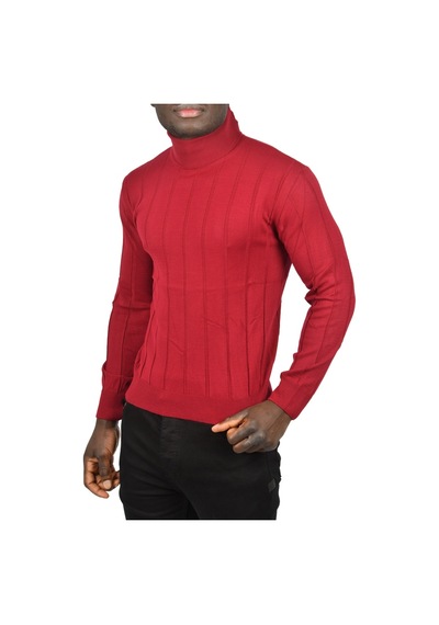 Deepsea Erkek Bordo Slim Fit Likralı Tam Balıkçı Yaka Çizgili Boğazlı Kazak 2505504 Bordo