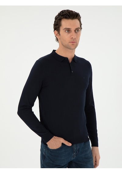 Cacharel Lacivert Slim Fit Yün Karışımlı Polo Yaka Basic Triko Kazak