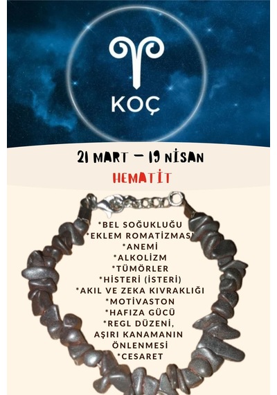 Gümüştel El Sanatları Sertifikalı Burç Taşı Koç Burcu Hematit Taşı Bileklik Gri
