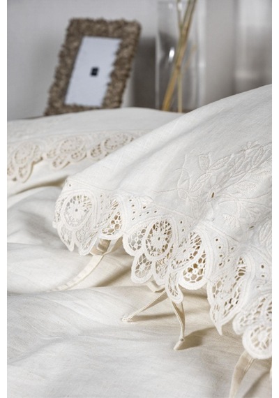 Ecocotton Amanda Çift Kişilik Nevresim Takımı %100 Organik Pamuk Keten Dantelli Krem 200x220 Cm-1473 Krem