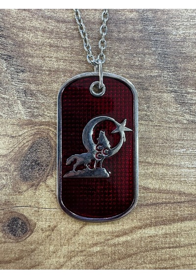 Bozkurt Temalı Metal Künye Kırmızı Renk Unisex Kolye Çok renkli