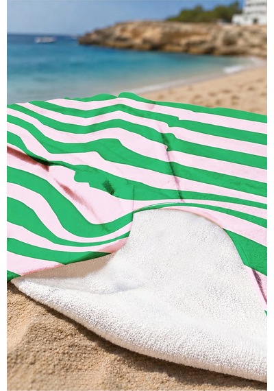 Çizgili Pembe Yeşil Modern Plaj Havlusu - Minimalist Akdeniz Stil Hızlı Kuruyan Mikrofiber Havlu İnci Çayı