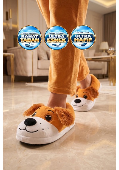Ayakmod Akınalbella Sıcak Tutan Köpek Desenli Camel Unisex Ev Terliğ Panduf H025.z.0008