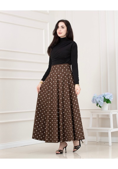 Sevitli Puantiyeli Maxi Etek-kahverengi-5718
