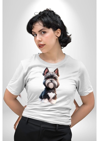 Sevimli Beyaz Gri Köpek Unisex Unisex Beyaz Organik Baskılı T-shirt Penye Yüksek Kalite Beyaz