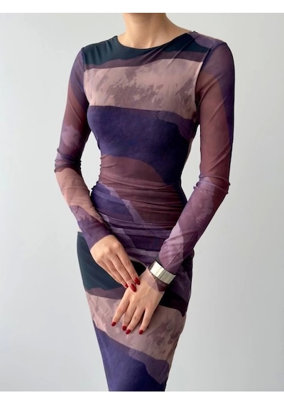 Defymoda Pella Tül Elbise Mürdüm