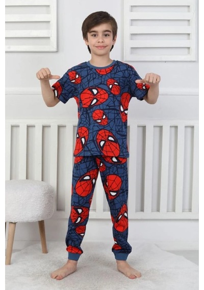 Isobel Kids İsob Lacivert Örümcek Adam Desenli %100 Pamuk Kısa Kollu Erkek Çocuk Pijama Takımı 3-13 Yaş 41323-41511-l Lacivert