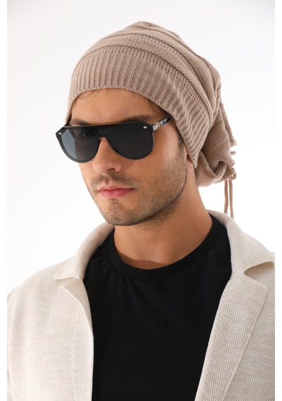 Ritagarcia Unisex Arkası İpli Büzgülü Triko Bere Kışlık Dökümlü Slouchy Beanie Bere Bej