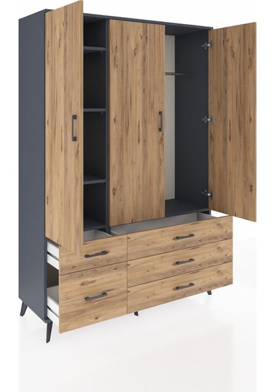 Hyperion Dolap 5 Raflı 5 Çekmeceli Tek Askılı 132x44x195 Antrasit-çam/çam Atlas Çam/atlas Çam