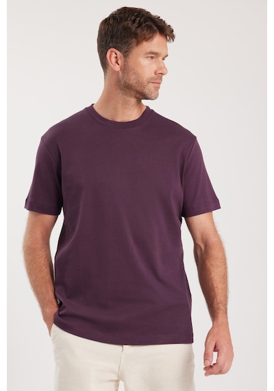 Tudors Unisex Relax Fit Rahat Kesim %100 Pamuk Yumuşak Dokulu Hafif Kalın Eflatun Bisiklet Yaka Tişört-36913 Eflatun