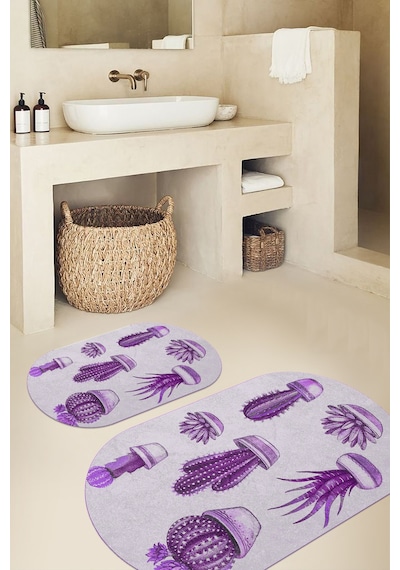 Buççin Online Mağaza Baskılı Kaymaz Taban Yıkanabilir Kaktüs Desen Oval Banyo Paspası 2'li Klozet Takımı Polyester Çok Re Çok Renkli