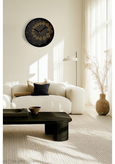 Mandala Tarzı Çiçek Çizimi Modern Duvar Saati - 25cm - Önü Camlı Siyah Kasa - Sessiz Mekanizma-jh0737 Siyah