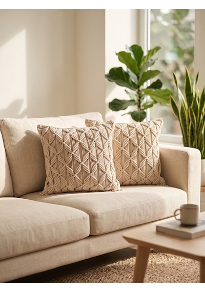 Boho-chic Ruhu: Özel İşçilik Makrome Koltuk Yastığı Kılıfı Ekru 45x45 Cm Diğer