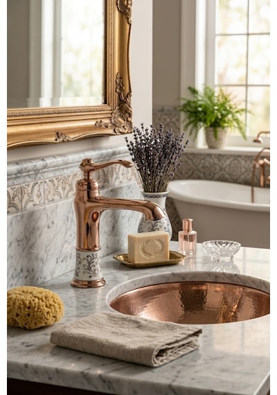 Victoria Gold Porselen Gövde Lavabo Bataryası Bakır