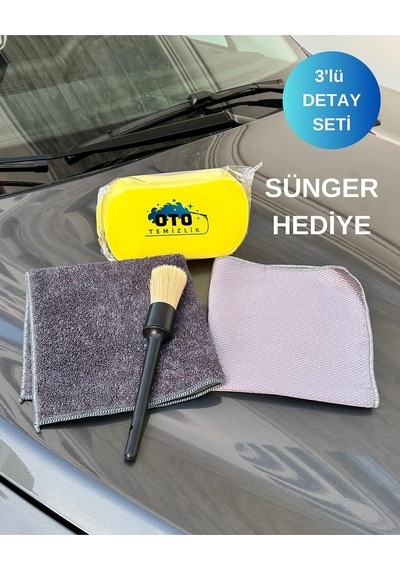 Tr 3'lü Oto Detay Seti - Araba Detay Fırçası, Mikrofiber Araba Kurulama Bezi, Cam Bezi + Sünger Hediye