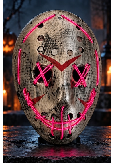 Halloween Cadılar Bayramı Purge Tarzı Fuşya Işıklı Korku Maskesi 25 Cm Çarpı Gözlü Dikili Ağız