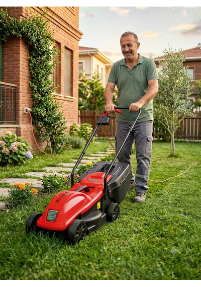 Steiner 1200w Elektrikli Bakır Sargılı Tekerlekli Çim Biçme Makinesi Kırmızı 30 Litre Toplama Torbalı