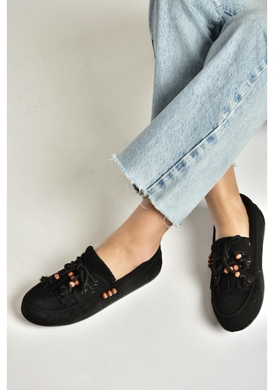 Fox Shoes Y602426202 Siyah Süet Boncuk Detaylı Günlük Kadın Ayakkabı Siyah