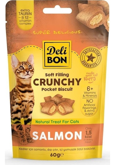 Delibon Crunchy İçi Dolgulu Bisküvi Somonlu Kedi Ödülü 60 G