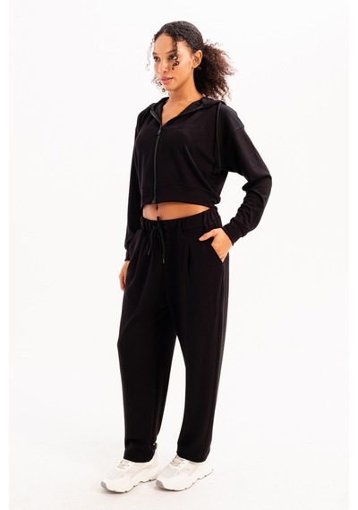 Justever Oversize Fit Beli Lastikli Cepli Rahat Kesim Siyah Kadın Eşofman Altı Pantolon - Flex Siyah