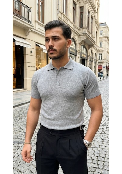 Defymoda Erkek Düğme Yakalı Kısa Kollu Pamuk Triko Tişört Gri