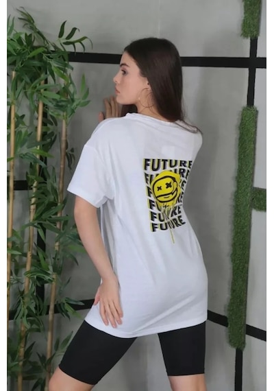 De'charme Unisex Bisiklet Yaka Baskılı Oversize T-shirt - Beyaz