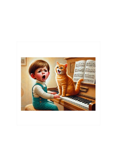 Piyano Çalan Çocuk Ve Kedi Art Mdf Poster