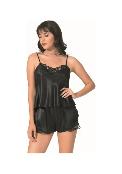 Veraura Lifestyle Kadın Şık Tasarım Yumuşak Dokulu Dantel İşlemeli Siyah Saten Babydoll Şort Takımı