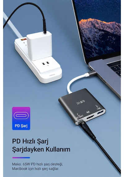Type-c Hdmı Usb 3.0 Pd Hub Adaptör, 3ü 1 Arada Çoklayıcı, 4k Görüntü Aktarımı, 65w Pd Hızlı Şarj, Macbook Laptop Telefon Uyumlu, Alüminyum Gövde Z330