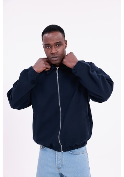 Mero Life Erkek Basic Old Money Fermuarlı Oversize Mevsimlik Polo Yaka Gabardin Kumaş Lacivert Ceket