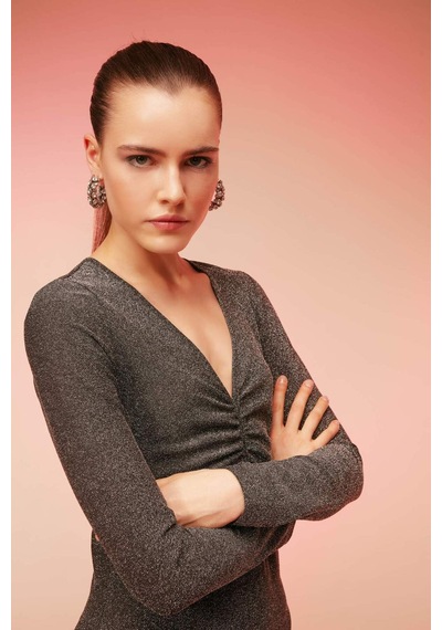 DeFacto Bodycon Basic Düz Vücudu Saran V Yaka Payetli Kumaş Midi Uzun Kollu Elbise B4699AX23WNGR452 Gri