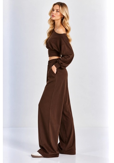 Mevese Kayık Yaka Korseli Crop Bluz - Cep Detaylı Palazzo Modal Takım - Acı Kahve Kahverengi Mevese Kayık Yaka Korseli Crop Bluz - Cep Detaylı Palazzo Modal Takım - Acı Kahve Kahverengi