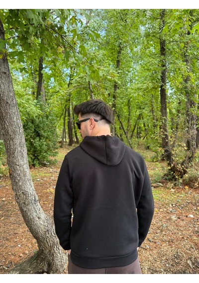 Erkek Oversize Kapüşonlu Tam Fermuarlı Kanguru Cepli Şardonlu Sweatshirt SIYAH