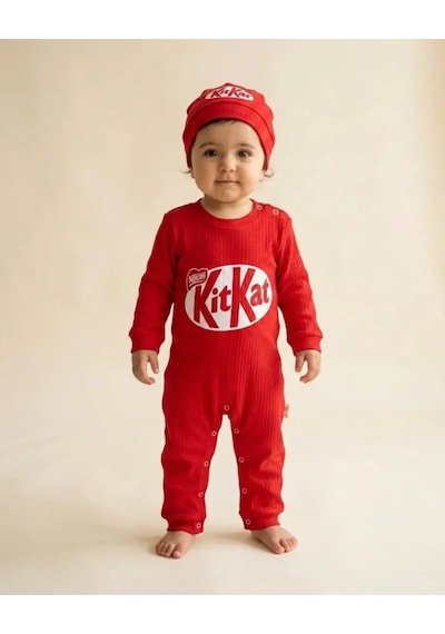 Kitkat Baskılı Unisex Bebe Tulum Kırmızı