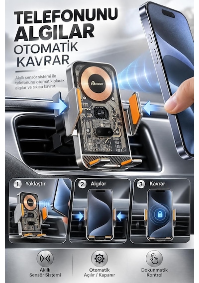 Tr Kablosuz Şarjlı Araç Telefon Tutucu 15w, Otomatik Sensörlü Açılır Kapanır Kollar, Qi Uyumlu, Dahili Bataryal Genel