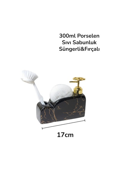 373 Siyah Mermer Desenli Porselen Sıvı Sabunluk Ve Fırçalı Gold Pompalı