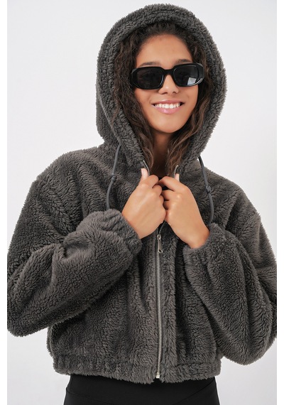 Bigdart 5193 Kapüşonlu Peluş Crop Ceket - Antrasit