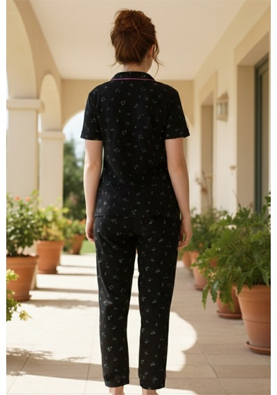 Siyah İnci Düğmeli Biyeli Viskon Örme Pijama Takım 26120761 Siyah