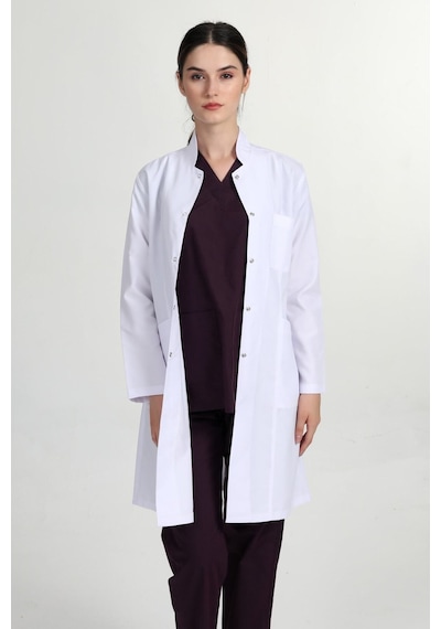 Başak Önlük Kadın Uzun Hakim Yaka Doktor Hemşire Öğretmen Önlüğü Beyaz Beyaz