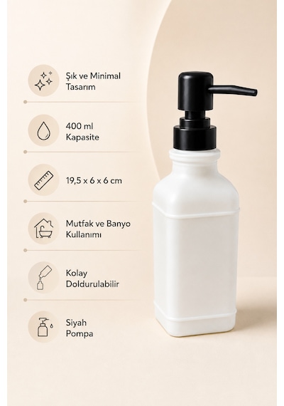 Aura Cam Sıvı Sabunluk 400 Ml Siyah Pompalı Modern Dekoratif Banyo Ve Mutfak Dispenseri - 19,5 Cm X 6 Cm X 6 Cm Beyaz