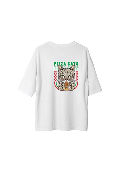 Paybuy Kadın Oversize Kedi Pizza Baskılı Kısa Kollu Rahat Kesim Grafik T Beyaz