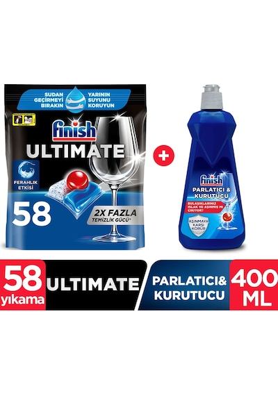 Finish Ultimate Bulaşık Makinesi Deterjanı Kapsül Tablet 58 Adet + Parlatıcı & Kurutucu 400ml