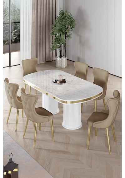 Canisa Galya Serisi Lak Panel 90x168 Sabit Beyaz Mermer Desen Mutfak Masa Takımı 6 Cappucino Sandalye Byz Mermer Masa Cap Sandalye Canisa Galya Serisi Lak Panel 90x168 Sabit Beyaz Mermer Desen Mutfak Masa Takımı 6 Cappucino Sandalye Byz Mermer Masa Cap Sandalye