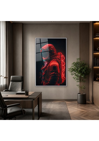 Kırmızı Neon Işıklı Astronot Gümüş Çerçeveli Cam Tablo