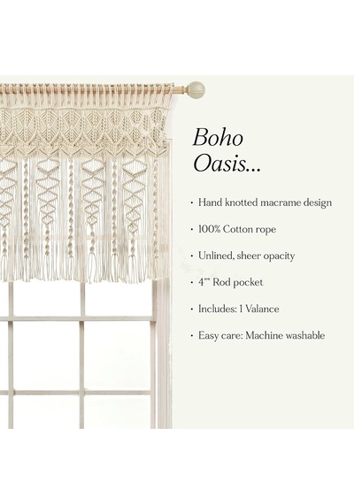 Boho Makrame Dokulu Pamuk Saçak/mutfak Perdesi/duvar Dekoru, 50,8 Cm U X 127 Cm G, Nötr Çok Renkli