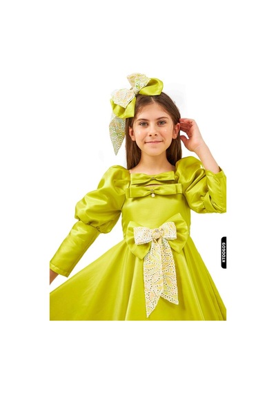 Xo Kids Bohçalı Balon Kollu 2li Kız Çocuk Elbise 6-14 Yaş 6567 Yeşil