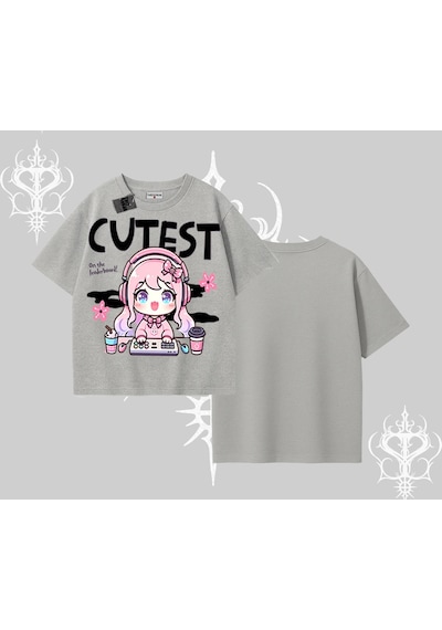 Startmore Startmore Oversize Tshirt Cute Anime Gamer Girl Baskılı Gri