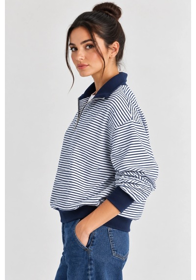 Mevese Çizgili Desen Polo Yaka Fermuarlı Oversize Kadın Sweatshirt - Lacivert
